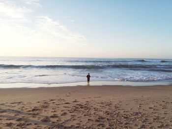 Rear view of woman on beach against sky