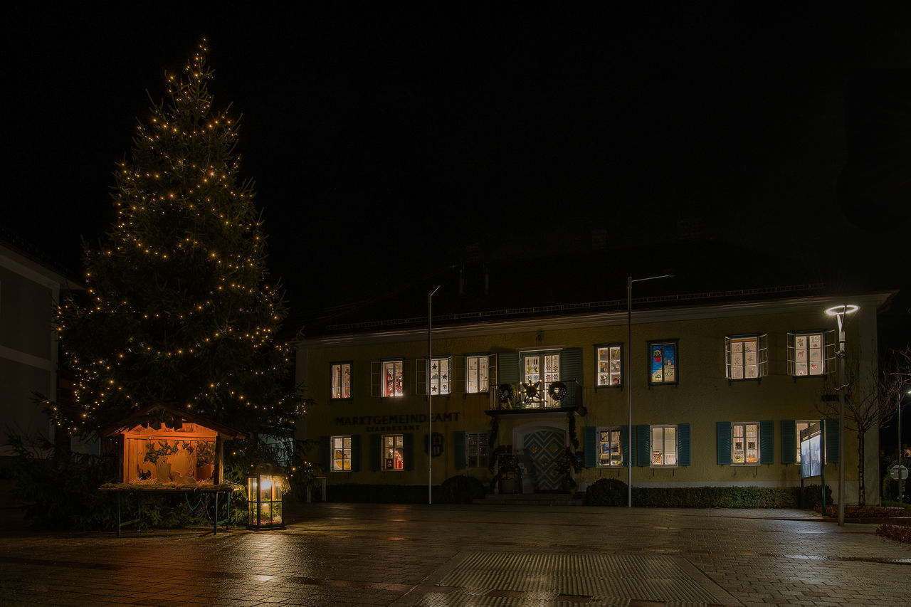 night, christmas tree, illuminated, evening, architecture, christmas, tree, light, building exterior, holiday, built structure, celebration, darkness, decoration, christmas lights, christmas decoration, lighting, building, plant, tradition, nature, no people, city, house, street, reflection, outdoors