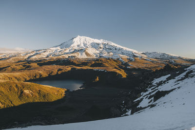 Scenic view of snowcapped mountains against clear sky