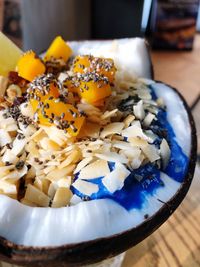 Close-up of ice cream in bowl on table