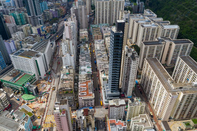 High angle view of modern buildings in city