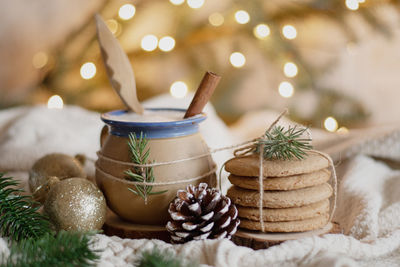 Close-up of christmas decoration on table