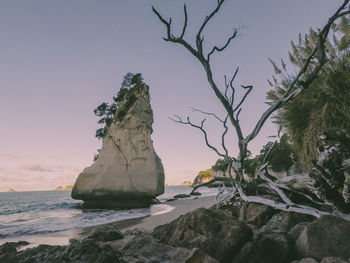 Rock formation on beach against clear sky