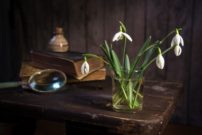 Close-up of flowers and books on table