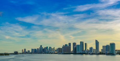 Sea and buildings against sky in city