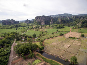 Aerial view of mountain village boklua tuck away in the mist of doi phuka mountain