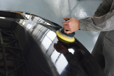 High angle view of man working in container