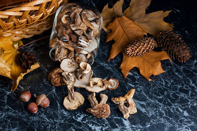 High angle view of food with maple leaves on table