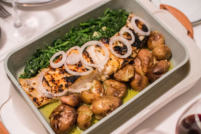 High angle view of food in plate