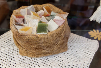 High angle view of chopped cake on table