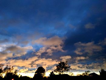 Low angle view of silhouette trees against dramatic sky