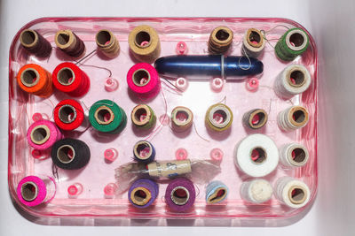 High angle view of multi colored candies on table