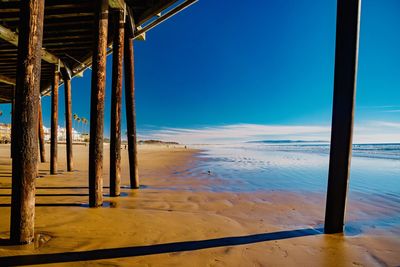 Scenic view of beach against clear blue sky