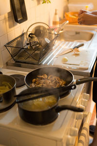 High angle view of food on stove in kitchen