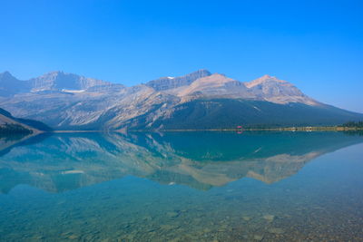 Scenic view of lake and mountains against blue sky