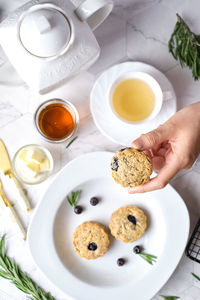 High angle view of breakfast on table