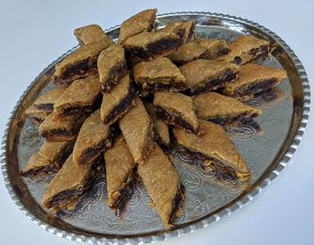 High angle view of dessert in plate on table