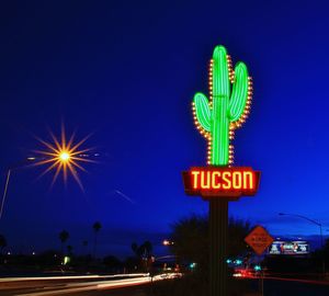 Illuminated cactus shaped sign against sky at night