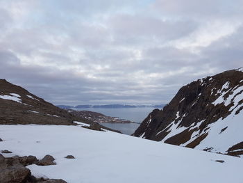 Scenic view of snowcapped mountains against sky