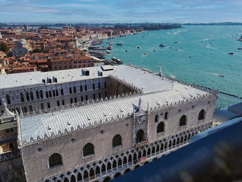 Venice, italy -wide angle aerial drone shot of venezia city against mediterranean sea and clear sky