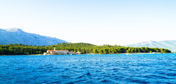 Scenic view of lake against clear sky