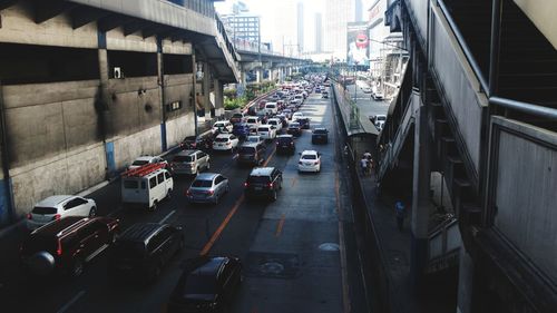 High angle view of traffic on road in city
