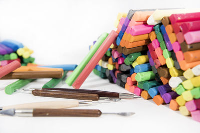 Close-up of multi colored pencils on table