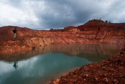 Scenic view of lake against cloudy sky