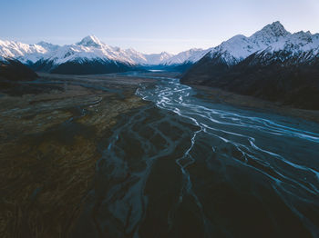 Aerial view of snowcapped mountain against sky