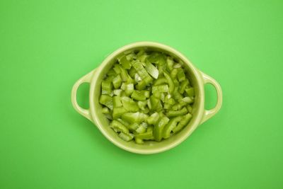 High angle view of green beans in bowl