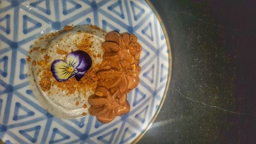 High angle view of cake in plate on table