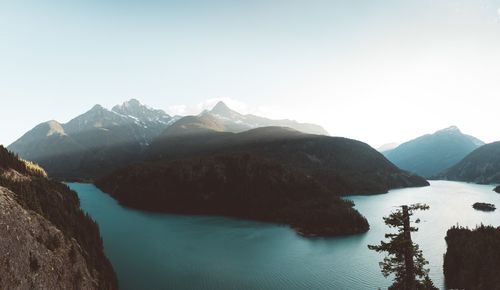 Scenic view of lake and mountains against sky