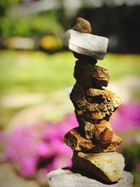 Close-up of stone stack on rock