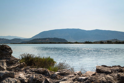 Scenic view of lake and mountains against clear sky
