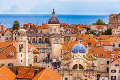High angle view of buildings against sky in city