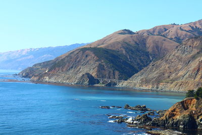 Scenic view of calm sea against mountain range