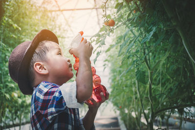 Side view of boy looking away against plants