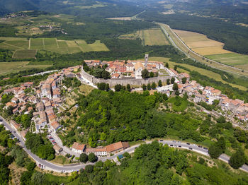 High angle view of townscape on field