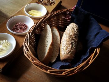 Close-up of eggs in basket on table