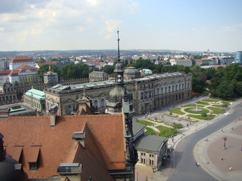 High angle view of buildings in city against sky