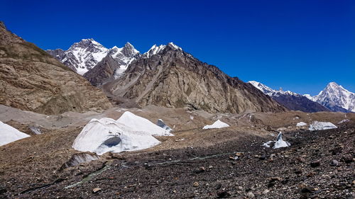 Scenic view of snowcapped mountains against clear blue sky