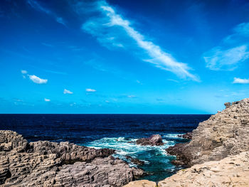 Scenic view of sea against blue sky