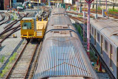 High angle view of train at railroad station