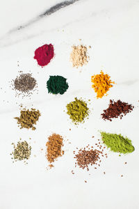 High angle view of leaves on table against white background