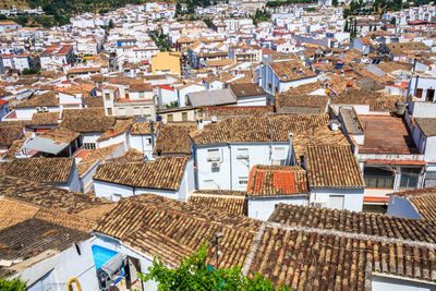 High angle view of houses in city