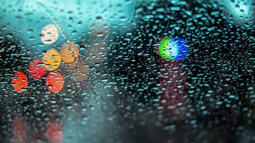 Close-up of rain drops on road