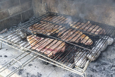 High angle view of barbecue grill