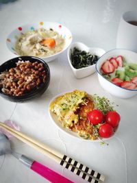 High angle view of food served on table