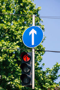 Low angle view of road sign against trees