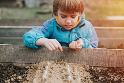 Spring planting seeding in farm garden. kid boy farmer gardener plants sow vegetable seeds in soil